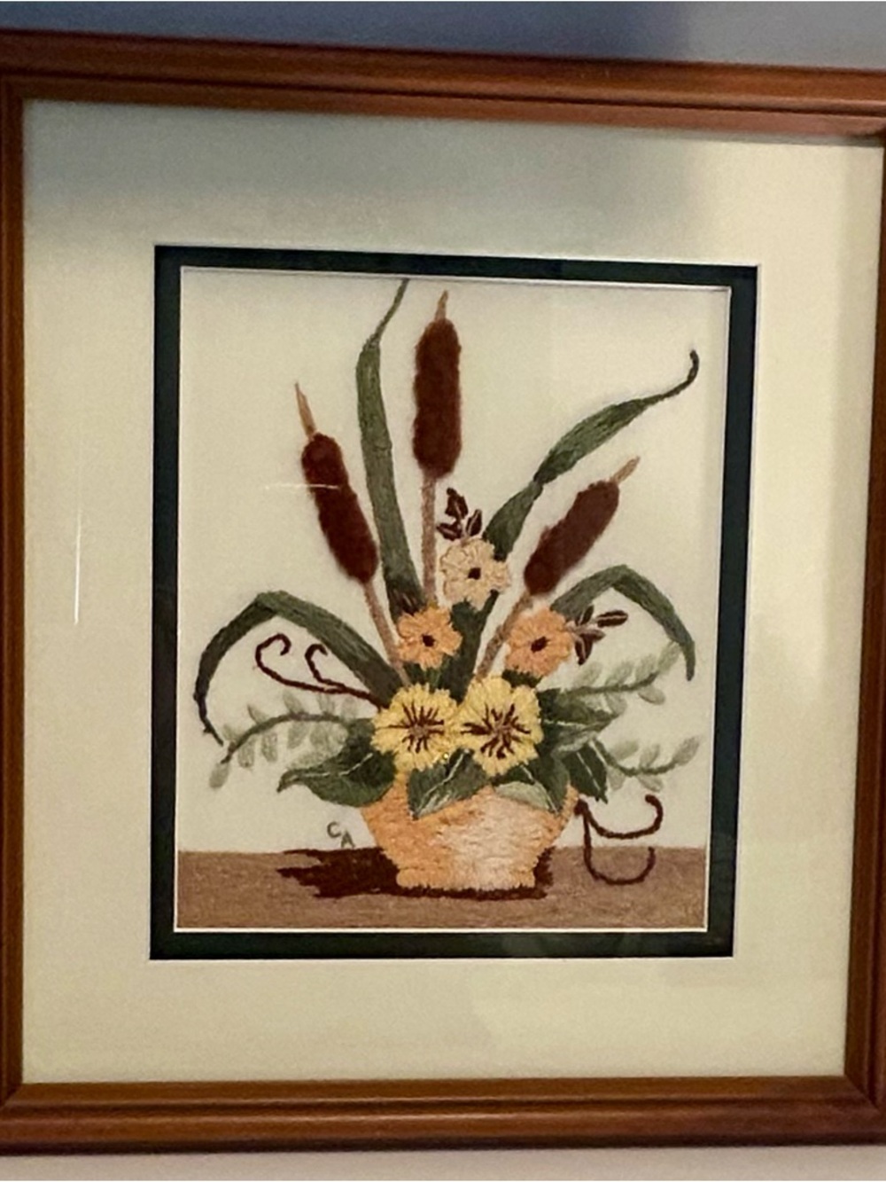 Vintage Crewel Embroidery Wall Art 
 Floral Basket Wood Framed